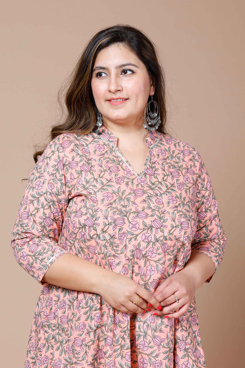 Miravan Womens Peach Plus Size Cotton Floral Printed Anarkali Kurta