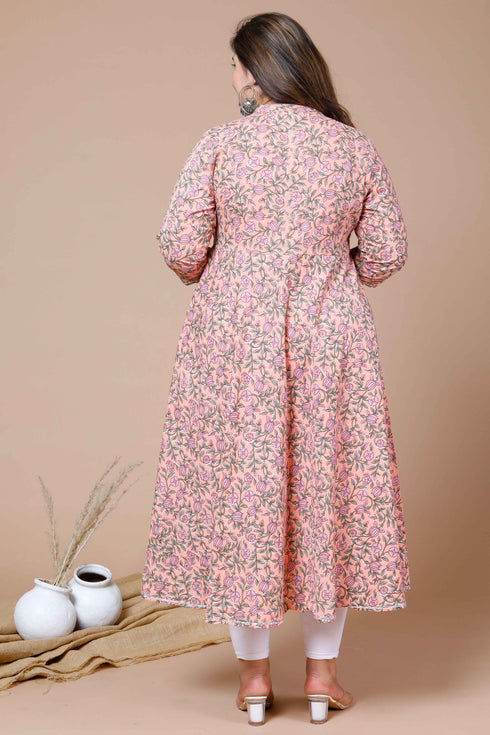 Miravan Womens Peach Plus Size Cotton Floral Printed Anarkali Kurta