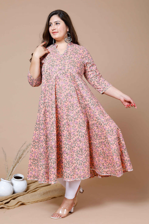 Miravan Womens Peach Plus Size Cotton Floral Printed Anarkali Kurta