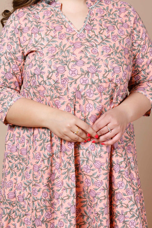 Miravan Womens Peach Plus Size Cotton Floral Printed Anarkali Kurta