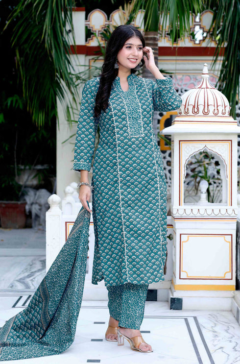 Miravan Womens Cotton Straight Style Blue Kurta With Palazzo And Dupatta