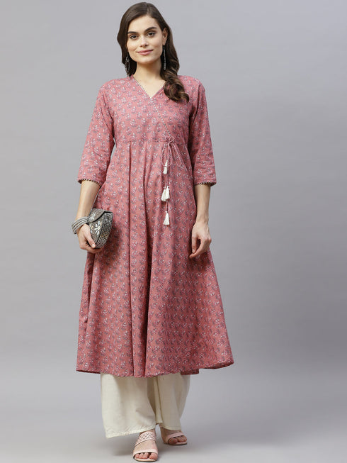 Miravan Womens Pink Pure Cotton Floral Print Long Anarkali Kurta