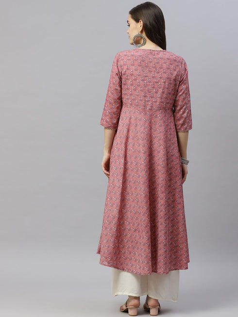 Miravan Womens Pink Pure Cotton Floral Print Long Anarkali Kurta