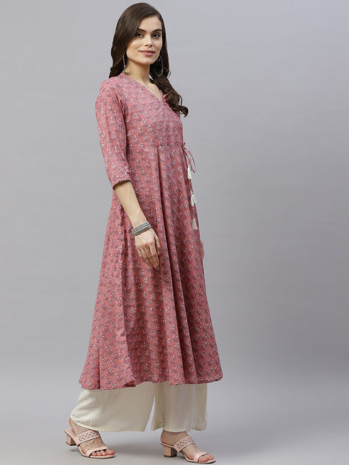 Miravan Womens Pink Pure Cotton Floral Print Long Anarkali Kurta