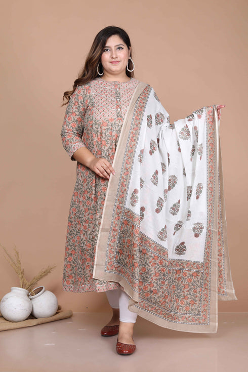 Miravan Womens Partywear Brown Floral Printed Gota Work Long Anarkali With Dupatta Set