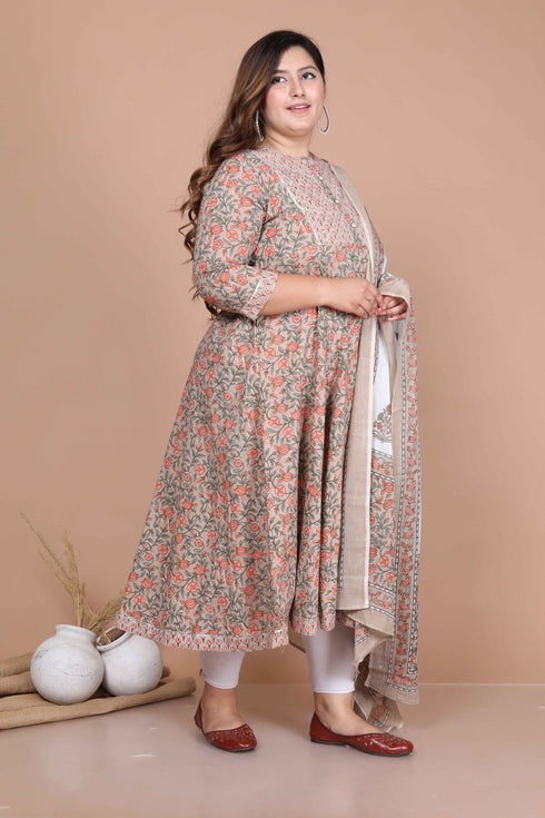 Miravan Womens Partywear Brown Floral Printed Gota Work Long Anarkali With Dupatta Set