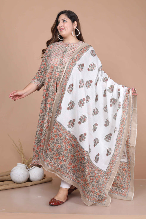 Miravan Womens Partywear Brown Floral Printed Gota Work Long Anarkali With Dupatta Set