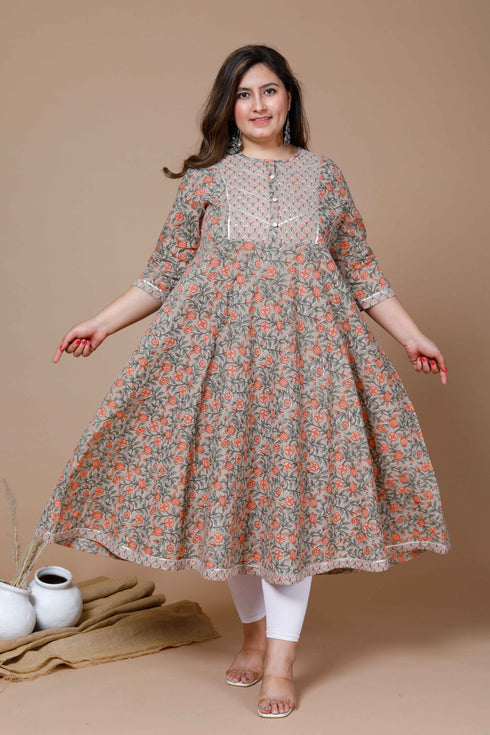Miravan Womens Plus Size Camel Brown Gotta Patti Pure Cotton Anarkali Kurta