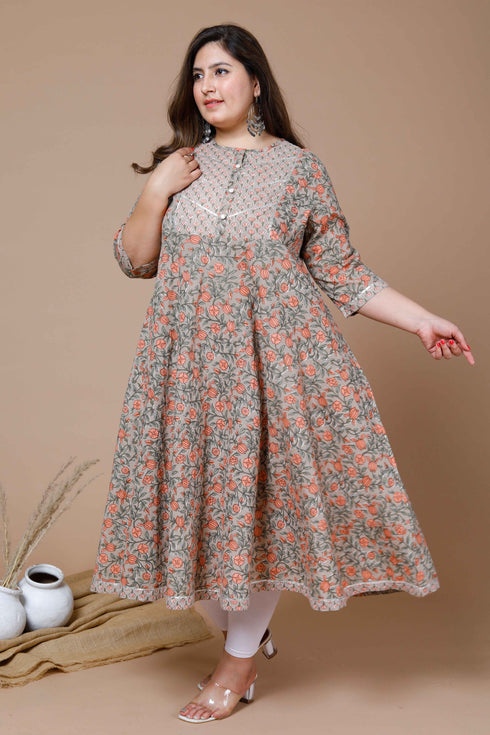 Miravan Womens Plus Size Camel Brown Gotta Patti Pure Cotton Anarkali Kurta