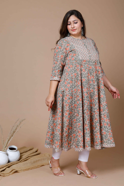 Miravan Womens Plus Size Camel Brown Gotta Patti Pure Cotton Anarkali Kurta