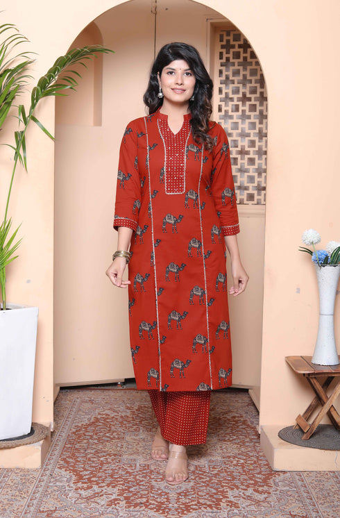 Miravan Womens Rust Animal Printed three quarter Sleeves Pure Cotton Kurta with Palazzo