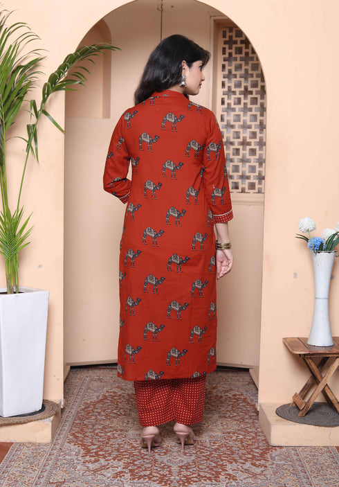 Miravan Womens Rust Animal Printed three quarter Sleeves Pure Cotton Kurta with Palazzo