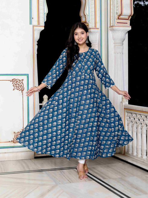 Miravan Womens Blue Cotton Floral Printed Anarkali Kurta