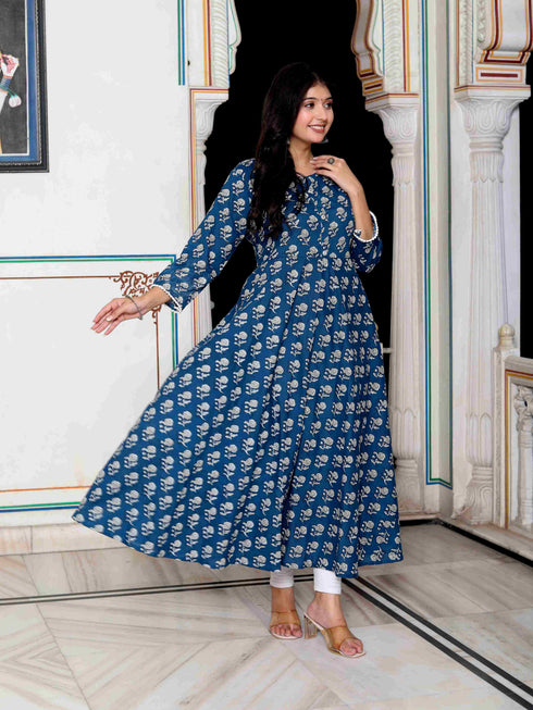 Miravan Womens Blue Cotton Floral Printed Anarkali Kurta