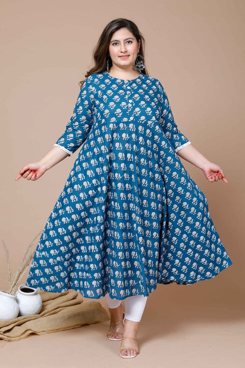 Miravan Womens Plus Size Blue and White Ethnic Motifs Printed Cotton Anarkali Kurta