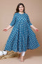 Miravan Womens Plus Size Blue and White Ethnic Motifs Printed Cotton Anarkali Kurta