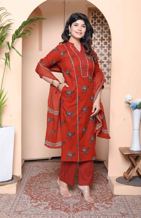 Miravan Womens pure cotton Animal Printed Straight Kurta with Palazzo and Dupatta Set