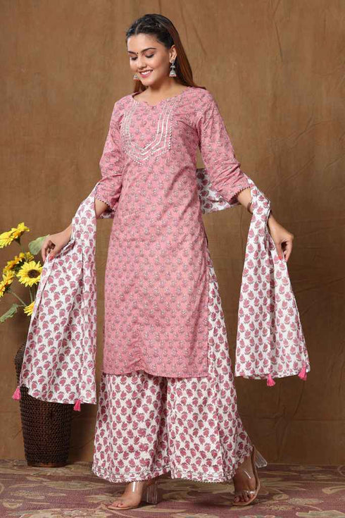 Miravan Womens Cotton Kurta With Palazzo and Dupatta Set Excess