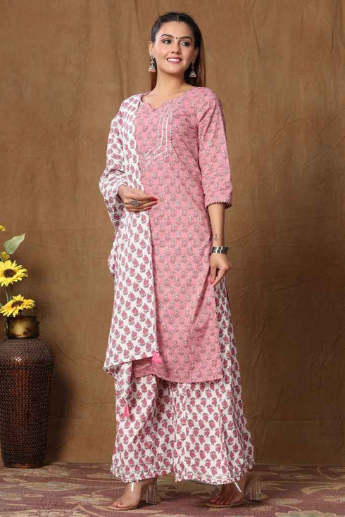 Miravan Womens Cotton Kurta With Palazzo and Dupatta Set Excess