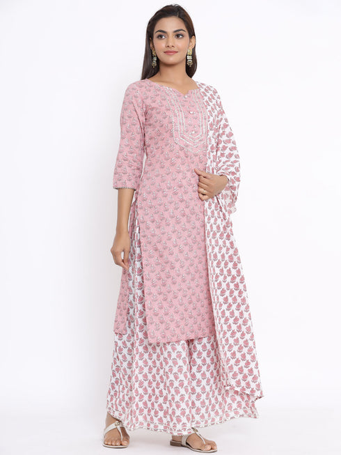 Miravan Womens Pink Floral Printed Gotta Patti Pure Cotton Kurta With Palazzo And Dupatta Set