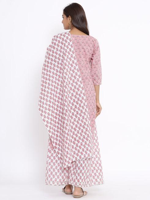 Miravan Womens Pink Floral Printed Gotta Patti Pure Cotton Kurta With Palazzo And Dupatta Set