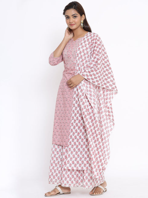 Miravan Womens Pink Floral Printed Gotta Patti Pure Cotton Kurta With Palazzo And Dupatta Set