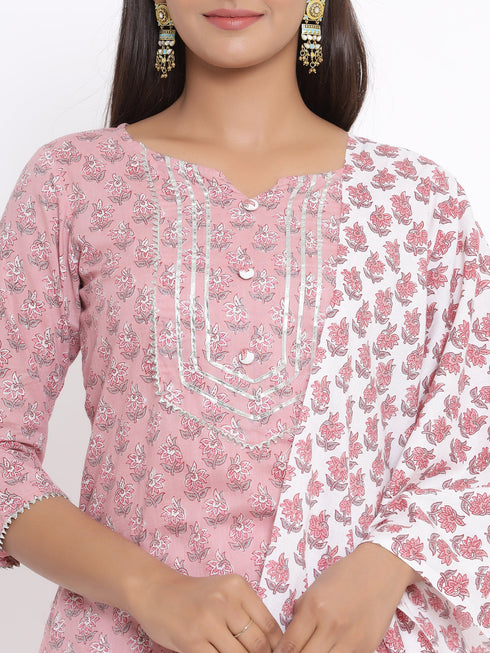 Miravan Womens Pink Floral Printed Gotta Patti Pure Cotton Kurta With Palazzo And Dupatta Set