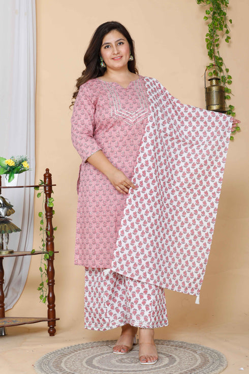 Miravan Womens Plus Size Pink Floral Printed Gotta Patti Pure Cotton Kurta With Palazzo and Dupatta Set