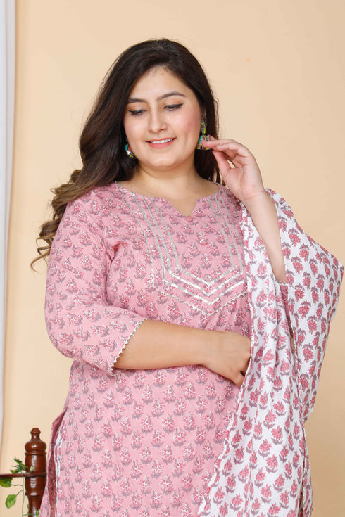 Miravan Womens Plus Size Pink Floral Printed Gotta Patti Pure Cotton Kurta With Palazzo and Dupatta Set