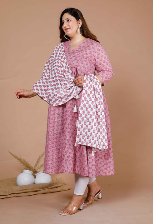 Miravan Womens Plus Size Pink Floral Printed Cotton Anarkali Kurta With Dupatta