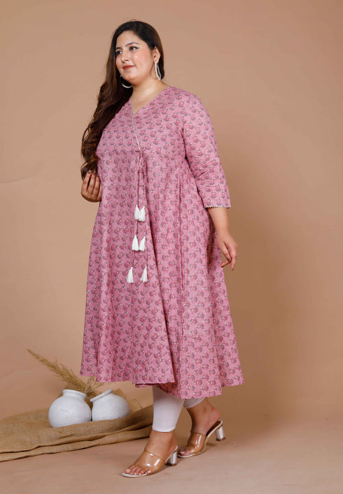 Miravan Womens Plus Size Pink Floral Printed Cotton Anarkali Kurta With Dupatta