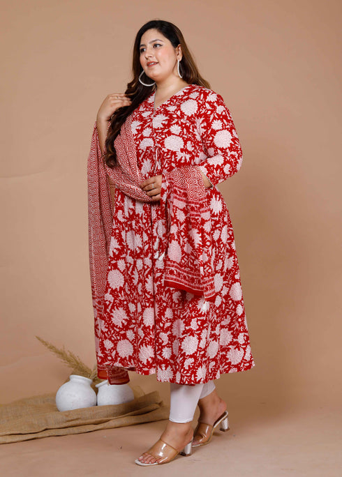 Miravan Womens Red Plus Size Floral Printed Cotton Anarkali Kurta With Dupatta