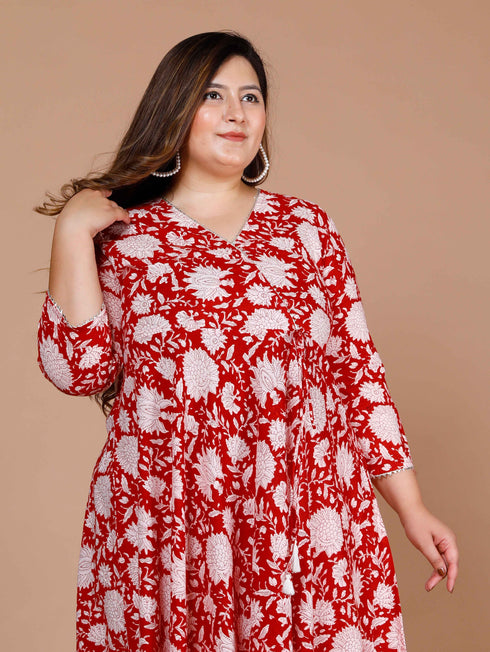 Miravan Womens Red Plus Size Floral Printed Cotton Anarkali Kurta With Dupatta