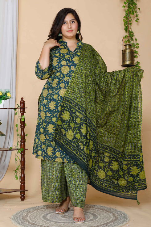 Miravan Womens Plus Size Green Floral Printed Cotton Kurta With Sharara and Dupatta Set