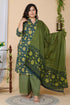 Miravan Womens Plus Size Green Floral Printed Cotton Kurta With Sharara and Dupatta Set