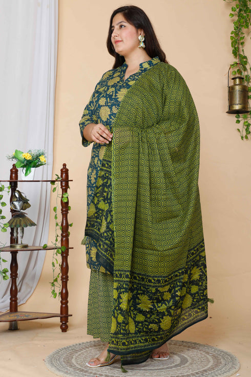 Miravan Womens Plus Size Green Floral Printed Cotton Kurta With Sharara and Dupatta Set