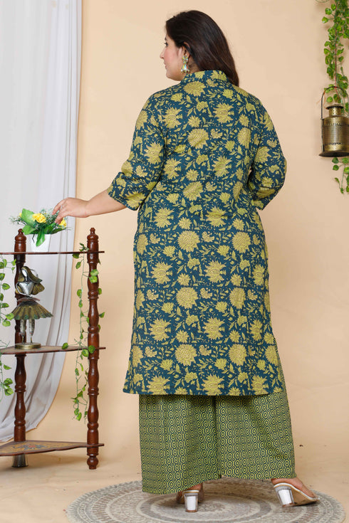 Miravan Womens Plus Size Green Floral Printed Cotton Kurta With Sharara and Dupatta Set