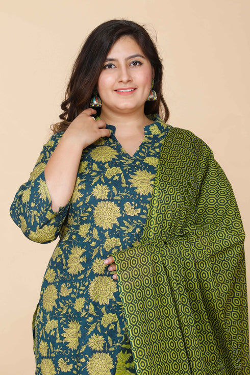 Miravan Womens Plus Size Green Floral Printed Cotton Kurta With Sharara and Dupatta Set