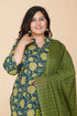 Miravan Womens Plus Size Green Floral Printed Cotton Kurta With Sharara and Dupatta Set