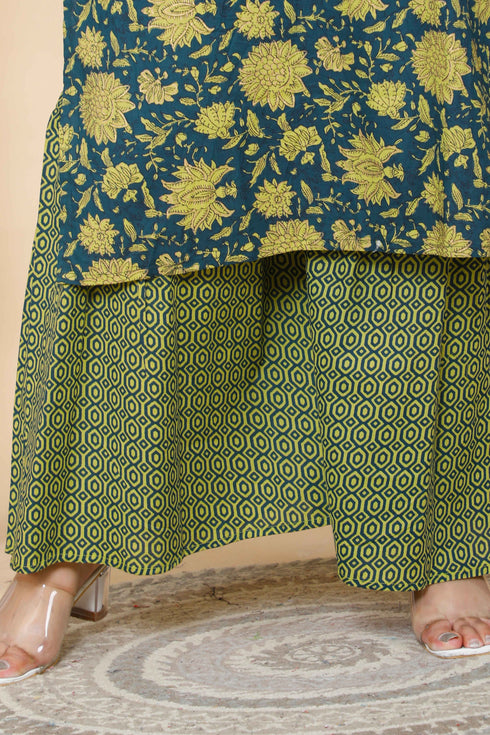 Miravan Womens Plus Size Green Floral Printed Cotton Kurta With Sharara and Dupatta Set