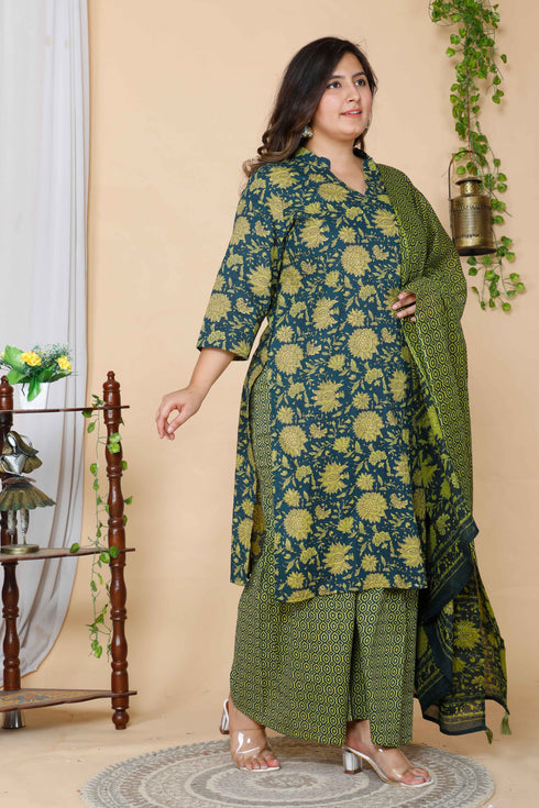 Miravan Womens Plus Size Green Floral Printed Cotton Kurta With Sharara and Dupatta Set