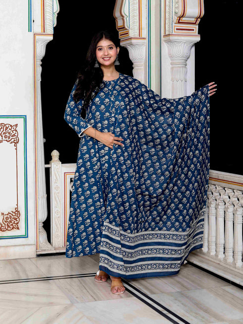 Miravan Womens Blue Cotton Floral Print Anarkali Kurta With Dupatta
