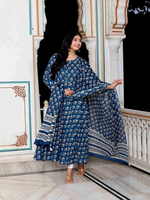 Miravan Womens Blue Cotton Floral Print Anarkali Kurta With Dupatta