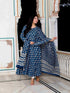 Miravan Womens Blue Cotton Floral Print Anarkali Kurta With Dupatta