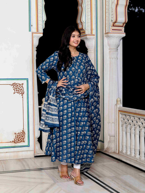 Miravan Womens Blue Cotton Floral Print Anarkali Kurta With Dupatta