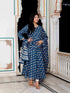 Miravan Womens Blue Cotton Floral Print Anarkali Kurta With Dupatta