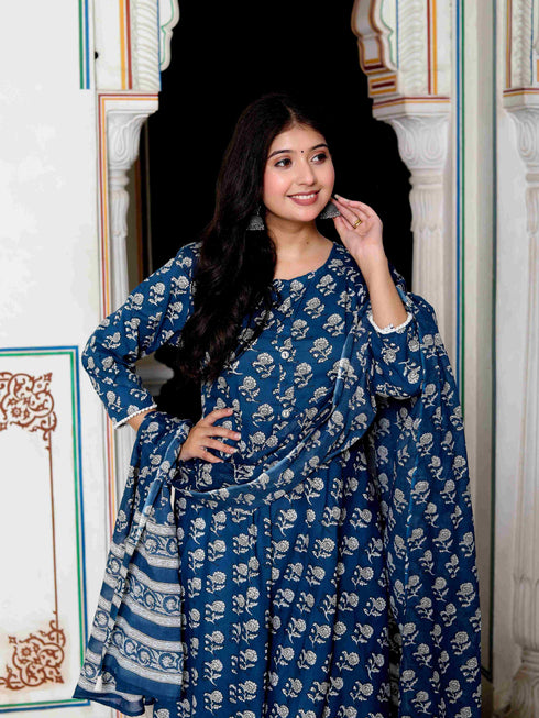 Miravan Womens Blue Cotton Floral Print Anarkali Kurta With Dupatta