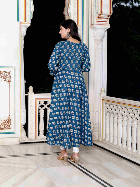Miravan Womens Blue Cotton Floral Print Anarkali Kurta With Dupatta