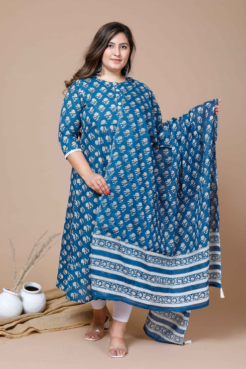 Miravan Womens Plus Size Blue Printed Anarkali Kurta With Dupatta