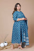 Miravan Womens Plus Size Blue Printed Anarkali Kurta With Dupatta